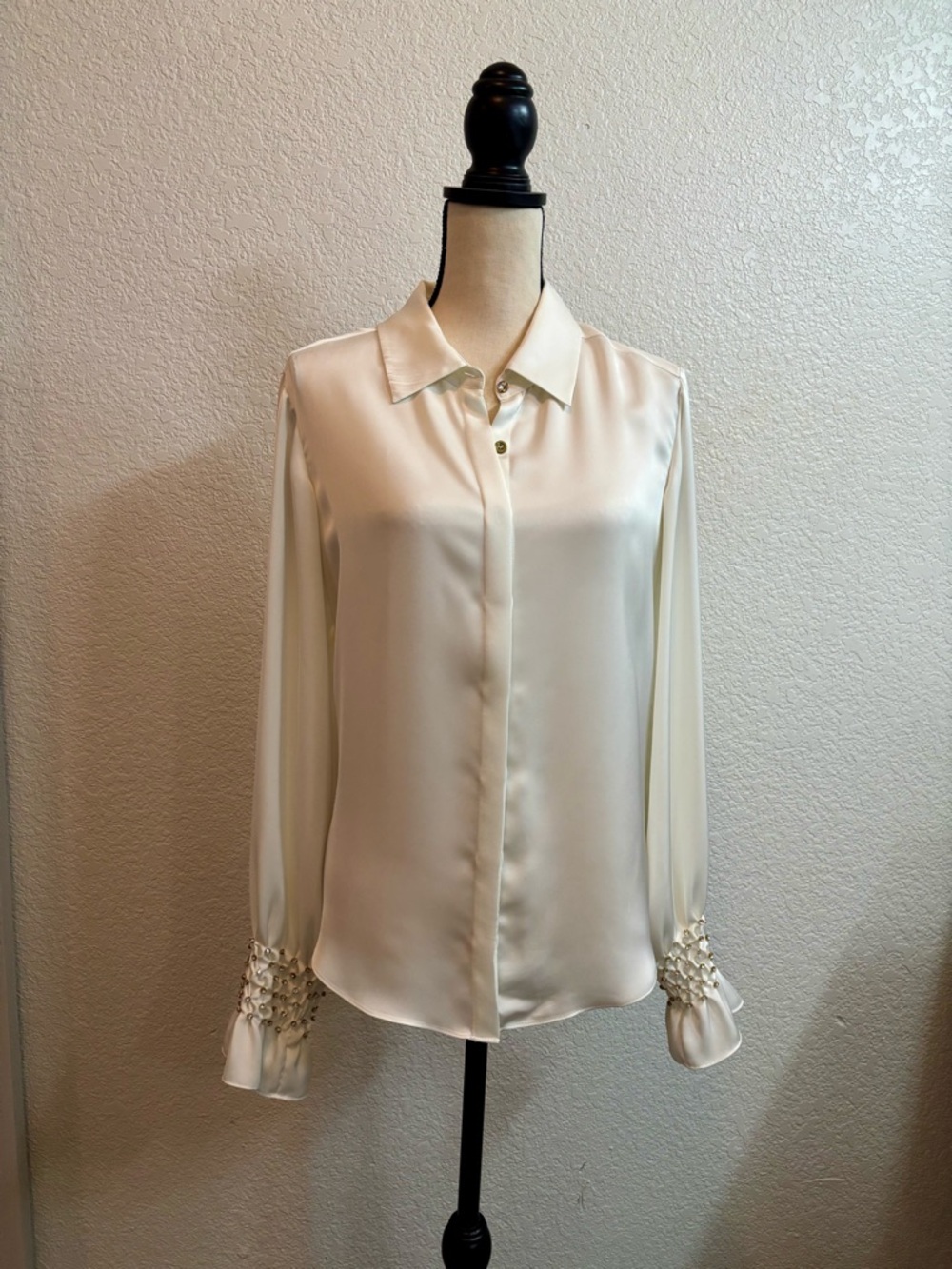 Ramy Brook Ivory Satin Button-Front Blouse with Embellished Cuffs